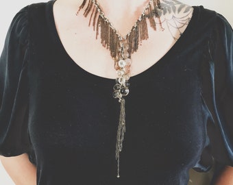 ENCHANTRESS - Faceted Enchanting Smoky Quartz and Chain Fringe Bohemian Statement OOAK Metaphysical Necklace