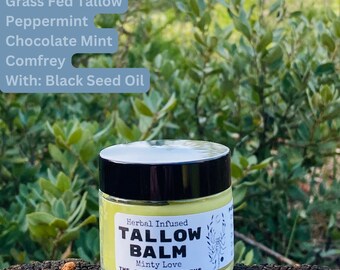 Minty Love - Herb Infused Tallow Balm with Peppermint, Chocolate Mint, Comfrey, and Black Seed Oil Garden Harvested Magic 2ozs