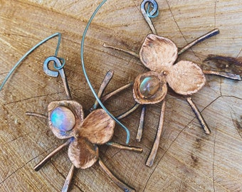 hydrangeaSTARS - Copper Electroformed Hydrangea Flowers Faceted Moonstone and Labradorite OOAK Bohemian Botanical Mismatch Statement Earring