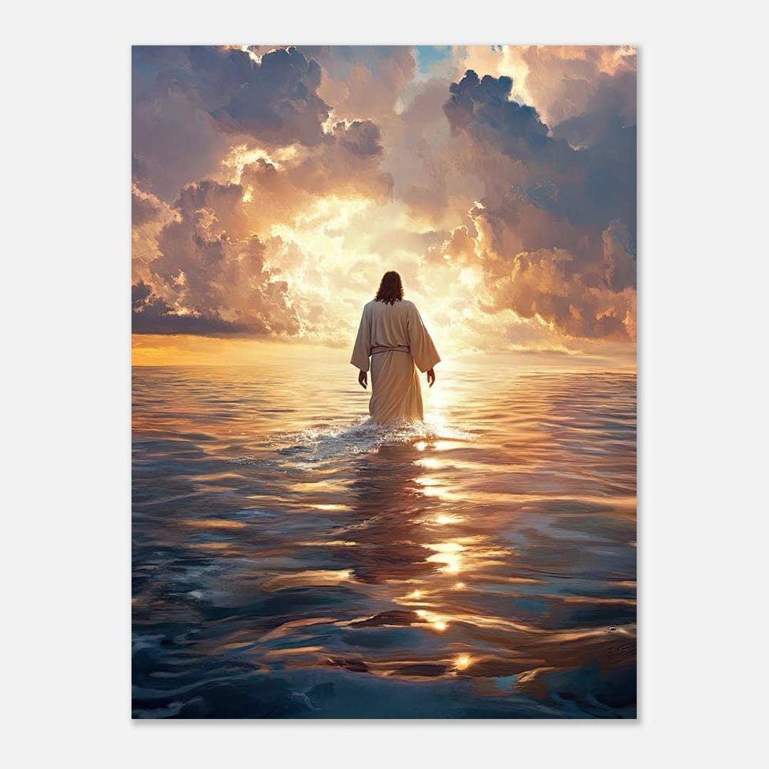 Jesus Walking on Water Towards Beautiful Golden Sunset Painting Print ...