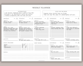 May include: A black and white weekly planner with a simple design. The planner includes sections for affirmations, goals, daily tracking, and notes. The planner is divided into days of the week, with space for priority tasks, to-do lists, and reminders.