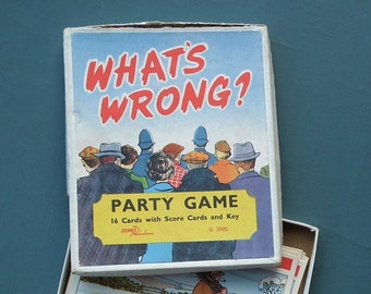 What's Wrong? Party Game - original vintage 1940s 1950s boxed card game with attractive graphics - 40s 50s paper ephemera - picture puzzles