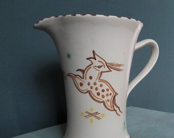 Vintage Honiton Pottery small milk jug creamer Woodland design hand painted brown leaping deer 1940s 40s Art Deco style Made in England