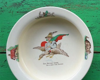 Vintage Baby Bowl Old Mother Goose Harry Hancock Tunstall Ltd England nursery rhyme ware children's crockery illustrated cereal bowl dish