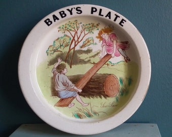 Antique / Vintage Nursery Ware Baby Bowl Carlton Ware England 1890s - 1900s Baby's Plate Children Playing See-Saw Hand-Painted Cereal Dish