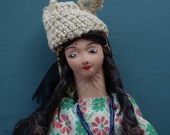 Vintage costume doll probably from the Middle East - ethnic cloth doll - handmade tourist doll - hand painted face -  8 1/2"  or  22 cm high