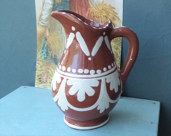 Vintage pottery creamer small milk jug - brown terracotta jug with white slip decoration - hand painted rustic slipware - made in Portugal