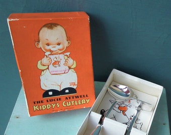 Mabel Lucie Attwell Kiddy's Cutlery in original box - vintage 1930s baby gift cutlery set - 30s EPNS silver-plated babies spoon food pusher