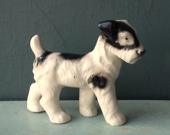 Small vintage terrier dog figurine - china dog ceramic ornament - black and white dog