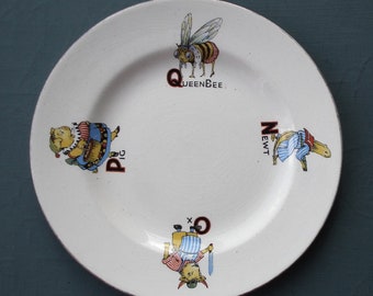 Antique vintage children's nursery ware alphabet plate small child's plate 1910s 1920s Washington Pottery England - animals newt ox pig bee