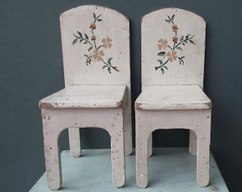 Pair of vintage / antique French doll's chairs - hand-painted wood - cream with floral design - 8" height - c. 1920s 1930s doll's furniture