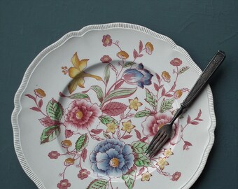 Vintage plate English Bouquet Johnson Bros England 10" dessert or salad size floral design pink blue yellow flowers hand coloured tableware