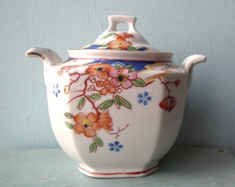 Vintage sugar bowl Asian Oriental style hand painted flowers - small ceramic lidded pot with handles - Foreign - white blue pale terracotta