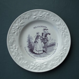 Antique French ceramic child&#39;s children&#39;s plate - soldier in uniform military theme - Militairiana - French militaria - purple transferware