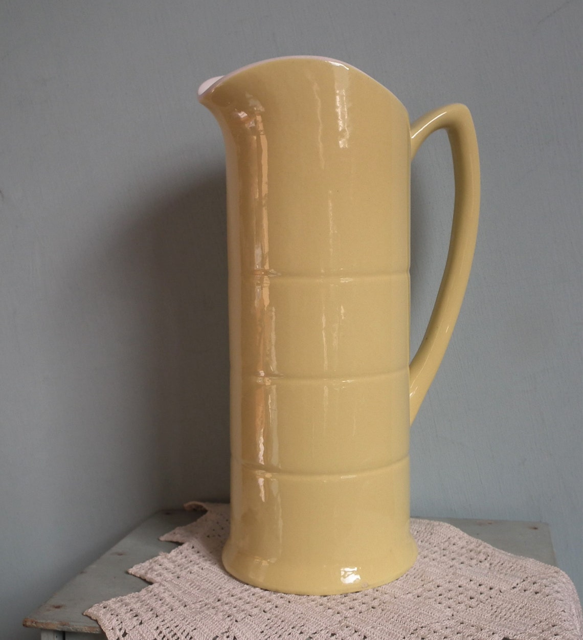 Vintage Pottery Jug Tall Yellow Jug Pitcher Flower Vase Etsy