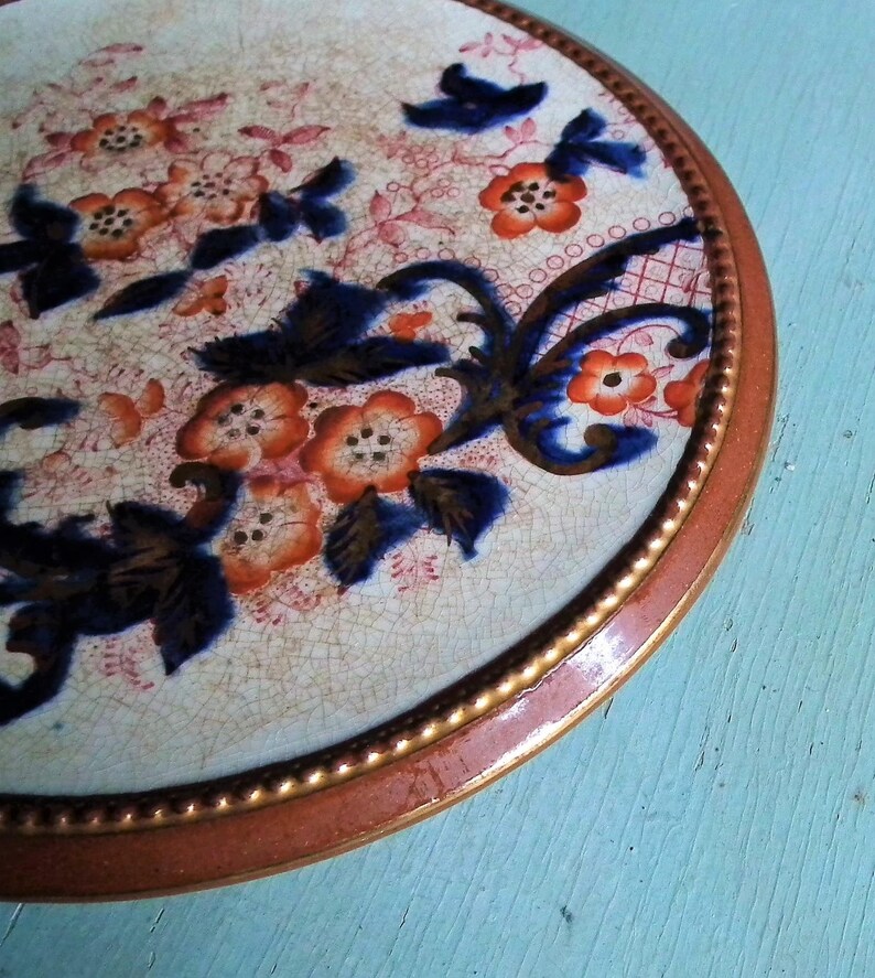 Antique Handpainted Pottery Circular Trivet Pot Teapot Stand