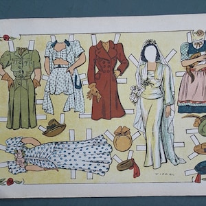 May include: A vintage paper doll set with a variety of outfits, including a green dress, a red coat, a white wedding dress, and a blue polka dot dress. The paper dolls are on a white background with a floral border.
