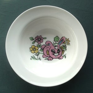 Vintage children's cereal dish - child's retro breakfast bowl -  nursery ware china - pink bunny rabbit motif - 1970s 70s ceramics