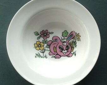 Vintage children's cereal dish - child's retro breakfast bowl -  nursery ware china - pink bunny rabbit motif - 1970s 70s ceramics