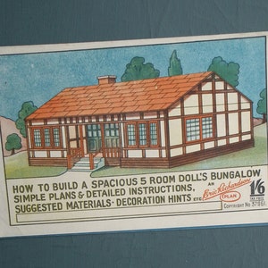 Vintage blauwdrukplan jaren 40 - Poppenbungalow An Eric Richardson Plan - origineel plattegrond poppenhuis - kortstondig papier uit de jaren 40 - houtbewerking