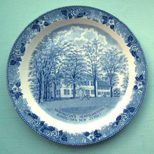 Vintage commemorative plate George Washington&#39;s Headquarters New Jersey US President memorabilia Alfred Meakin England blue and white china