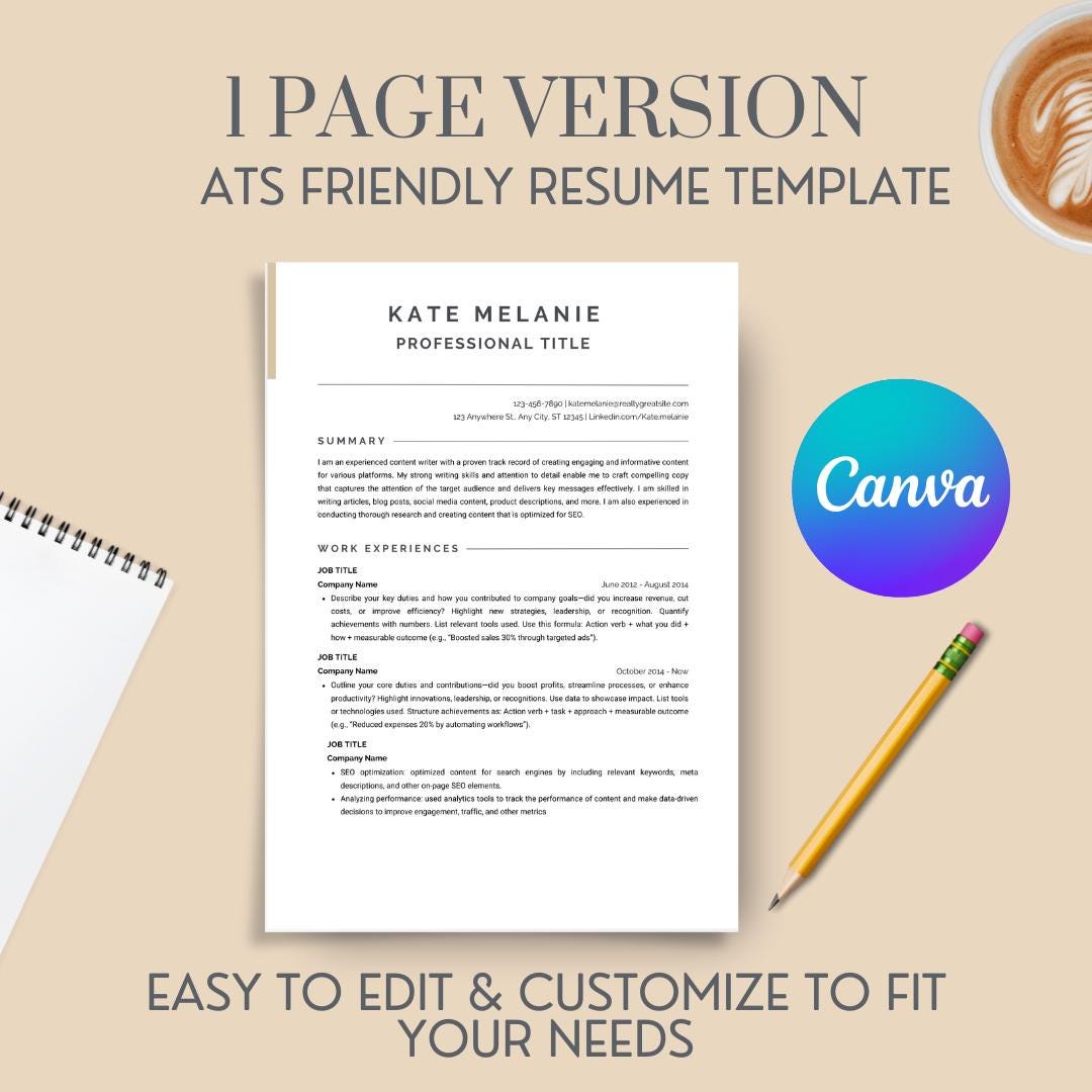 ATS Friendly Resume Template, Canva Editable Resume, ATS Compatible