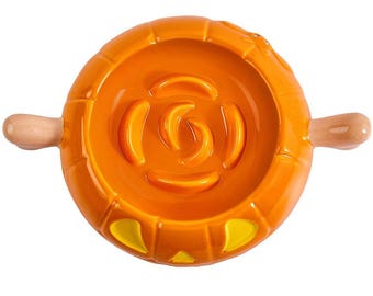 Cuencos para perros de cerámica con alimentación lenta, diseño en forma de calabaza y mango de hueso, 1,5 tazas de alimentación lenta para comensales rápidos, color naranja