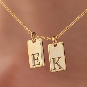 Tiny Initial Tag Necklace, Custom  Engraved Letter Pendant Necklaces ,Chain Initial Necklace ,Gold Bridesmaid Gift, Letter Bar Necklace