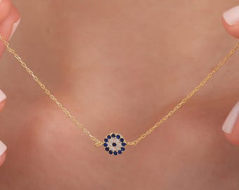 Gold Evil Eye Necklace, Dainty Blue Evil Eye Pendant, Minimal Protection Jewelry, Everyday Lucky Charm Necklace Gift for Her