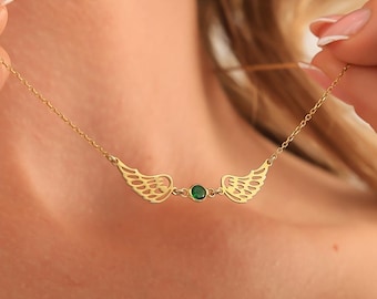 Angel Wing Necklace with BirthStone, Minimal Gold Wing Necklace, Protection Jewelry, Spiritual Necklace for Her, Meaningful Gift