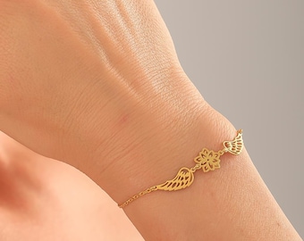 Angel Wings Flower Bracelet, Minimal Gold Bracelet, Symbolic Jewelry, Gift for Mom, Meaningful Everyday Bracelet