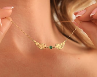Angel Wing Necklace with Birthstone , Minimal Gold Wing Necklace, Protection Jewelry, Spiritual Necklace for Her, Meaningful Gift