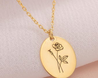 Personalized Birth Flower Necklace, Double Flower Gold Necklace, Minimal Floral Jewelry, Custom Flower Pendant, Gift for Her