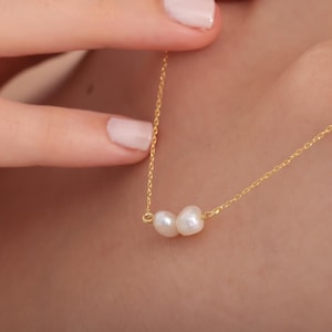 Süßwasser zwei Perlen Halskette - Doppel Perlen Anhänger - Zierlicher Gold, Silber, oder Roségold Schmuck - Elegantes minimalistisches Geschenk für Frauen