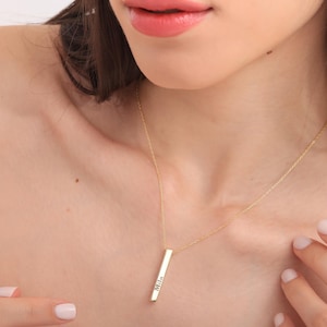 Collar con nombre en barra 3D • Barra grabada en los 4 lados • Regalo de joyería de plata personalizado para hombre, mujer, mamá, abuela, mamá, niños, collares con fecha de cumpleaños