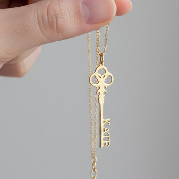 Personalized Key Necklace, Custom Name Key Pendant, Minimal Gold Key Necklace, Meaningful Gift for Her, Custom Bridesmaid,Birthday,Bbf