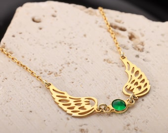 Angel Wing Necklace with Green Stone, Minimal Gold Wing Necklace, Protection Jewelry, Spiritual Necklace for Her, Meaningful Gift