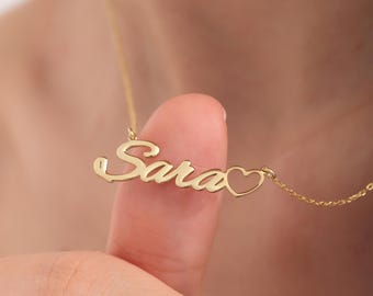 Name Necklace with Heart – Custom Name Jewelry – Personalized Necklace Gift for Her , kids,  – Dainty Heart Name Pendant – Romantic Gift
