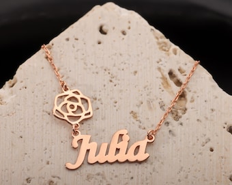 Name Necklace with Birth Flower • Personalized Floral Name Pendant • Custom Jewelry Gift  Her • Birthday Gift • Minimalist Necklace for Mom