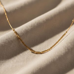 Könnte beinhalten: Eine zarte goldene Halskette mit linearem Design. Die Halskette hat kleine, gleichmäßig verteilte Perlen und zylindrische Stäbe, die eine minimalistische und elegante Ästhetik schaffen. Der Schmuck wird auf einem neutralfarbenen Stoff präsentiert.