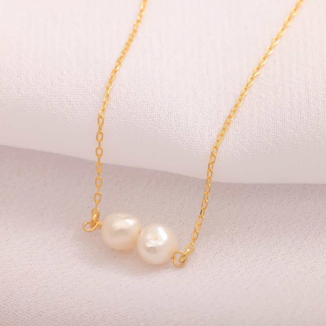 Two Pearls Freshwater Two Pearl Necklace – Double Pearl Pendant – Dainty Gold ...