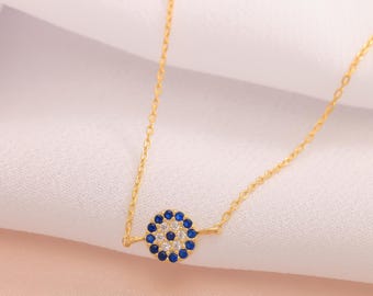 Gold Evil Eye Necklace, Dainty Blue Evil Eye Pendant, Minimal Protection Jewelry, Everyday Lucky Charm Necklace Gift for Her