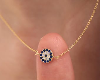 Gold Evil Eye Necklace, Dainty Blue Evil Eye Pendant, Minimal Protection Jewelry, Everyday Lucky Charm Necklace Gift for Her