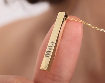 Minimal Gold Bar Necklace, Custom Engraved Necklace, 4 Sided Personalization, Handmade Jewelry