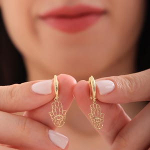 Hamsa Hand Earrings – Dainty Evil Eye Protection Jewelry – Gold or Silver Drop Earrings – Spiritual Gift for Her – Symbolic Jewelry