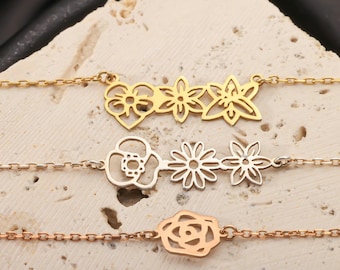 Birth Flower Bracelet, Personalized Birth Month Flower Jewelry, Minimal Gold Floral Bracelet, Custom Flower Bracelet for Her,