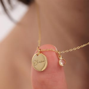 Disc Necklace with Name & Birthstone – Personalized Engraved Pendant, Custom Jewelry Gift for Mom, Dainty Minimalist Necklace for Her