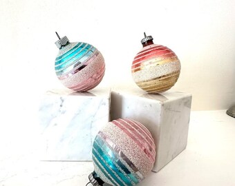 Vintage Striped Glass Sugar Glitter Christmas Ornaments Set of 3