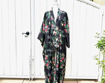 Vintage California Dynasty Kimono Robe Open Front Black Floral