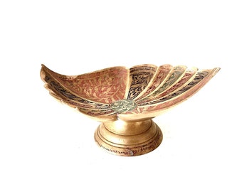 Vintage Brass Shallow Dish Pedestal Bowl Etched Painted Made in India